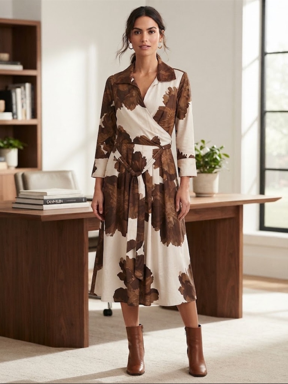 CALVIN KLEIN Brown & White Floral Midi Faux Wrap Dress Size 10 NWT